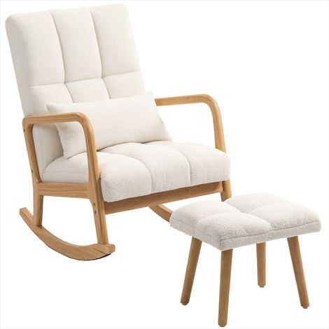 Fauteuil à bascule blanc avec pouf en tissu bouclette 120 kg (1/5)