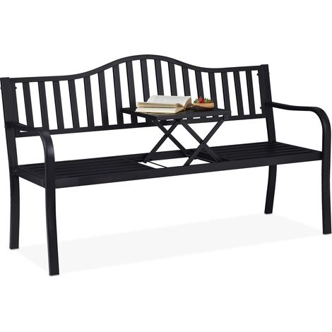 Relaxdays Panchina da Giardino con Tavolino Pieghevole, a 3 Posti, Resistente , in Acciaio , HLP 89 x150x 58,5 cm, Nero