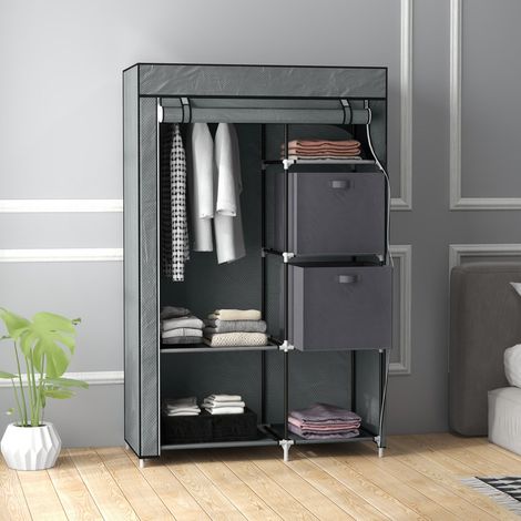 Armoire-Pliave-Compacte-Tiroirs-Étagère-à-Vêtements-Gris Foncé-Rangement Zip-Toile Non Tissée-102x42.5x162.5(cm) (1/5)