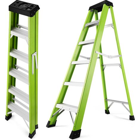Escabeau double face pliable 5 marches en fibre de verre, charge 150 kg, vert OKMYHOME (1/4)