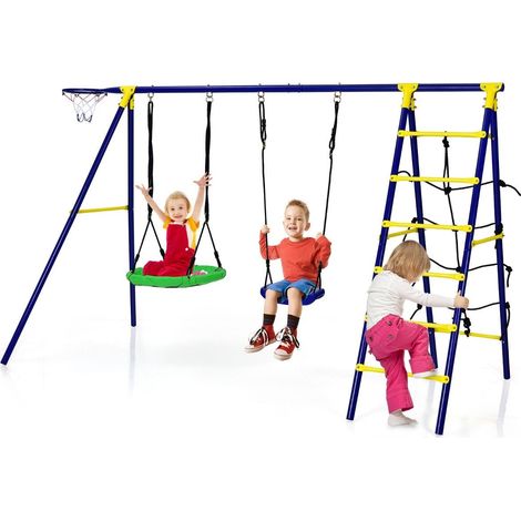 5 in 1 schaukelset mit 2 schaukeln basketballkorb kletternetz kletterleiter kletter schaukelkombination blau