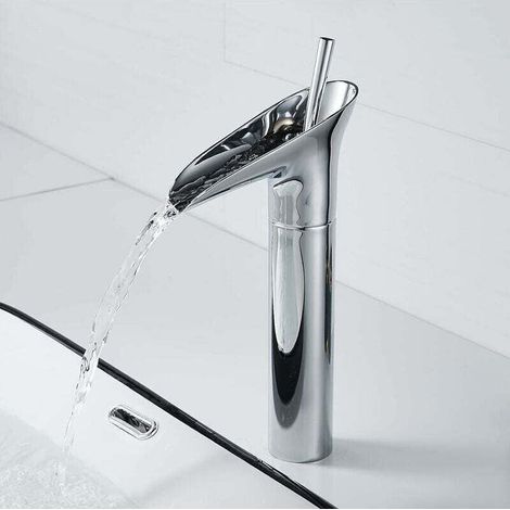 Waschbeckenarmatur, XU, Wasserfallarmatur, Waschtisch-Mischbatterie, Vintage-Einhebelmischer aus Chrom, Verstellbare Warm- und Kaltwasser-Waschtischarmatur, Chrom, - KZQ