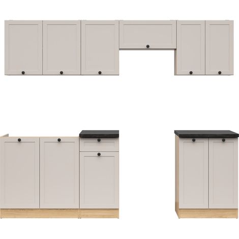 Cuisine complète 240 cm,Ensemble de meuble de cuisine coloris chêne Bernstein/cachemire, plan de travail coloris noir inclus (1/4)