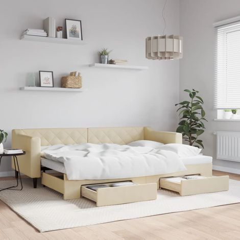 Tagesbett Ausziehbar mit Schubladen Creme 80x200 cm Stoff (1/5)