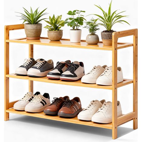 Étagère à chaussures plate en bambou à 3 niveaux, 67 x 24,6 x 51,4 cm, couleur bois naturel (1/5)