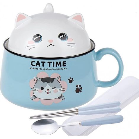 BOL à RAMEN CHAT KAWAII - BLEU 1020 ML - Avec un set de couverts (1/5)