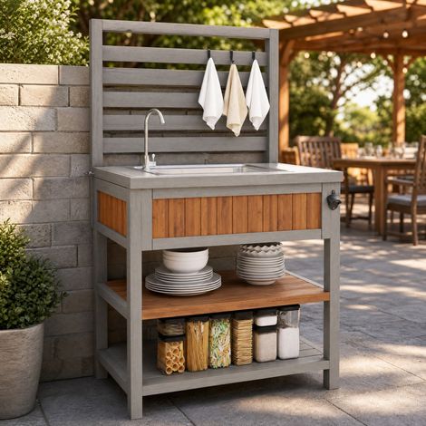 OKWISH Outdoor-Schrank mit Spüle, Wasserhahn, Flaschenöffner und verstellbaren Holzablagen (1/5)