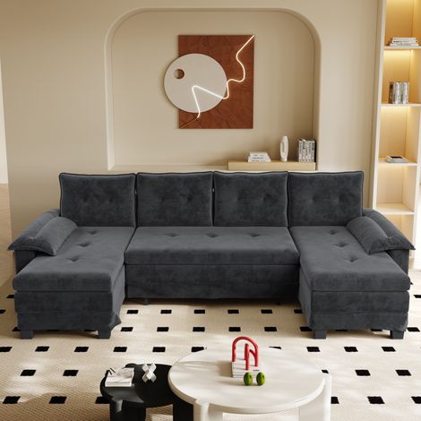 U-förmiges Schlafsofa mit Ausziehbett und USB-Anschlüssen, 278 x 127 cm, Grau, OKMYHOME (1/5)