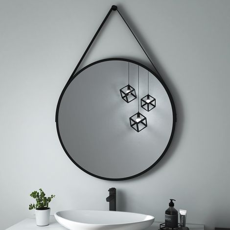 Heilmetz Espejos de Baño Redondo Espejo de pared ф80cm con correa negra ajustable Espejo Retro (1/5)