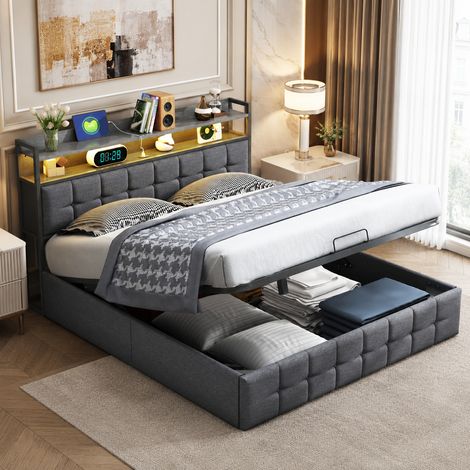 Lit coffre 140×190 cm,lumière LED et port USB,lit double capitonné,tête de lit avec rangement,cadre de lit 140×190,rangement hydraulique,style moderne,sommier à lattes,lit adulte,lit ados,Lin,Gris