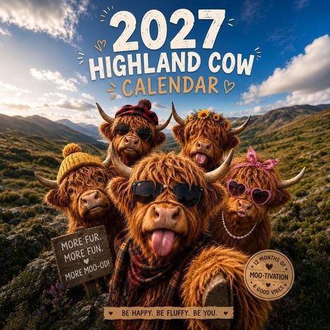 New 2027 Funny Highland CowWall Calendar - Fun High and Low Cow Calendar
