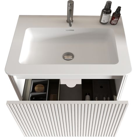 Lavabo 60cm avec meuble sous vasque pour petite salle de bain, vasque en résine minérale, design cannelé, meuble mural blanc 60cm préassemblé (1/5)