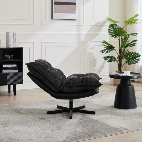 Fauteuil pivotant gris foncé 360°, dossier inclinable 3 niveaux (95°/110°/125°), piètement métal noir, similicuir anti-griffes, housse en chenille & mousse à mémoire de forme