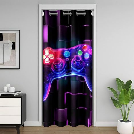 Rideau de Porte 86x203 Gamer Violet, Rideaux Occultant Enfant Gaming Deco Chambre Ado Garcon, Rideau de Placard Jeux Vidéo, Rideaux Intérieurs Carrée Géométrique Lumineuse Au Néon - 86L X 203H cm (1 P (1/5)