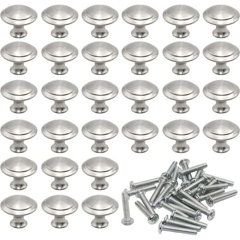 Poignées de Porte Rondes 27 mm 30 Pièces Poignée Tiroir Champignon Forme en Acier Inoxydable Brossé Poignées Rondes de Cuisine en Argent avec 30Pcs Vis pour Meubles Tels Que Tiroirs Placards ​Armoires