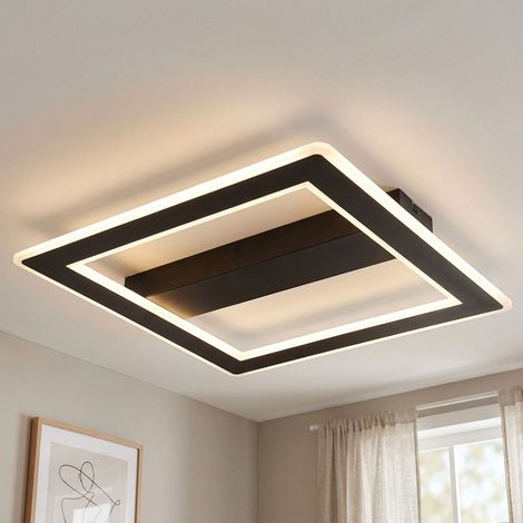 Plafonnier LED lampe de salon noire Lampe design LED moderne noir, métal, opale, 30W 1860Lm 3000+6500K blanc chaud+blanc froid, LxlxH 45x45x5 cm (1/5)