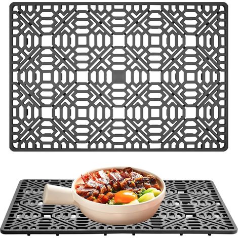 Tapis d'évier en silicone 40 x 27 cm, tapis de protection en silicone pour évier de cuisine, tapis d'égouttage pliable et antidérapant, gris, pour plan de travail (gris foncé) (1/5)