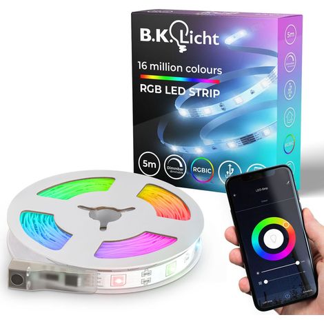 B.K.Licht I 5m Wifi RGBIC LED Strip USB I App control I music sensor I lightbar I LED running light I RGBIC LED strip I compatible with Alexa I smart LED band I self-adhesive