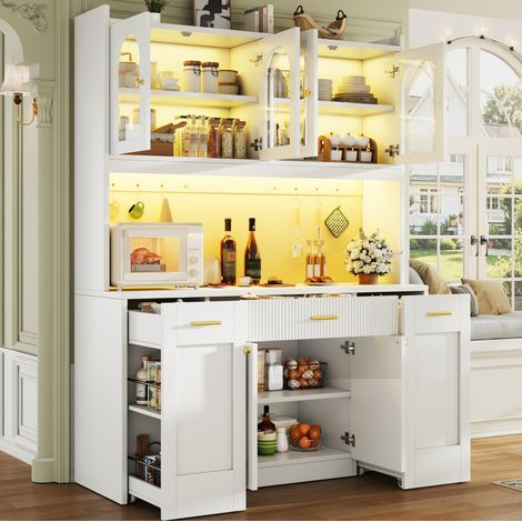 Credenza da cucina 120x40x187 cm, LED RGB con app, 3 vetrine in vetro, ripiani estraibili laterali, MDF bianco (1/5)