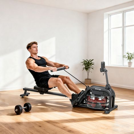 Rameur à eau. rameur musculation d'appartement réservoir ajustable 6-11L écran LCD support de tablette 170x46x77cm noir