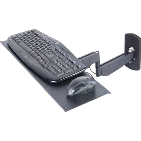 Soporte de pared para teclado, acero SPCC y aleación de aluminio, bandeja de 60 x 19 cm, rotación de 180°, inclinación de -90° a +90°, capacidad de carga de 10 kg. (1/5)