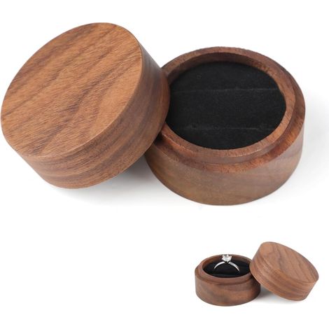 Caja de madera para anillos de boda, caja redonda de madera para 2 anillos, ideal para compromisos, bodas y San Valentín, diseño elegante y resistente.