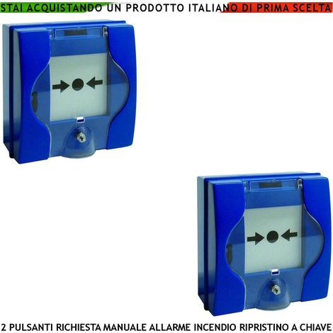PULSANTE EMERGENZA ROTTURA VETRO BLU 2 PEZZI ATTIVAZIONE INTERVENTO INCENDIO RIPRISTINO A CHIAVE SBLOCCA PORTE REI EN 54-11 CPD (1/4)