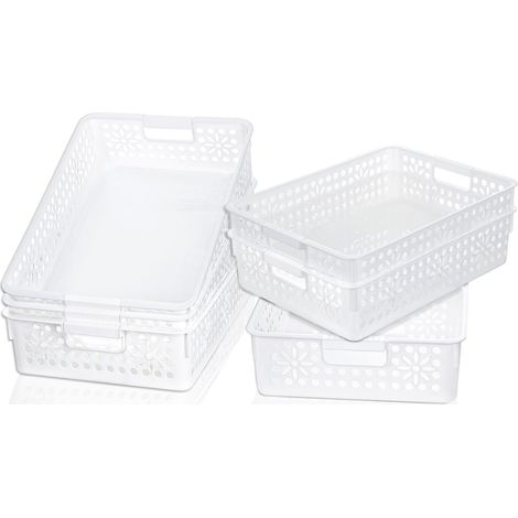 Lot de 6 boîtes de rangement en plastique avec poignée, paniers de rangement avec trou, panier de rangement ouvert pour la maison, la cuisine, le bureau, blanc, 34,5 x 24,5 x 8,5 cm (1/5)