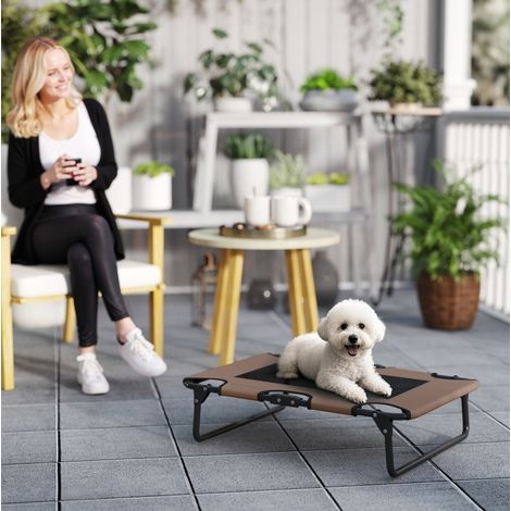 Lit chien surélevé pliable 75x51x18 cm en polyester marron, gain de place, extérieur FLORAGRACE (1/5)