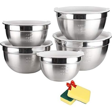 Bol en INOX Ensemble de Bols 5 à la Salade avec Couvercle et mesures graduées, empilable pour Un Stockage Minimal (1/5)
