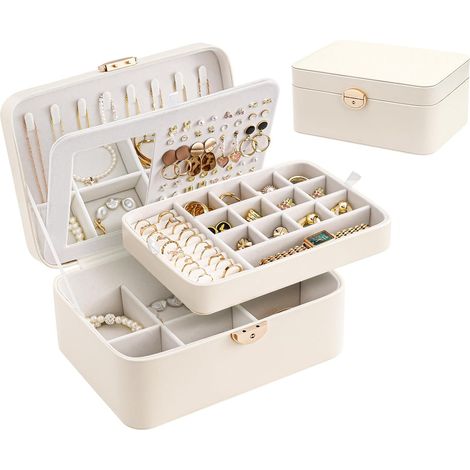 Boîte à Bijoux Fille 4 Couches en Cuir PU avec Miroir - Cloudwhite (1/5)