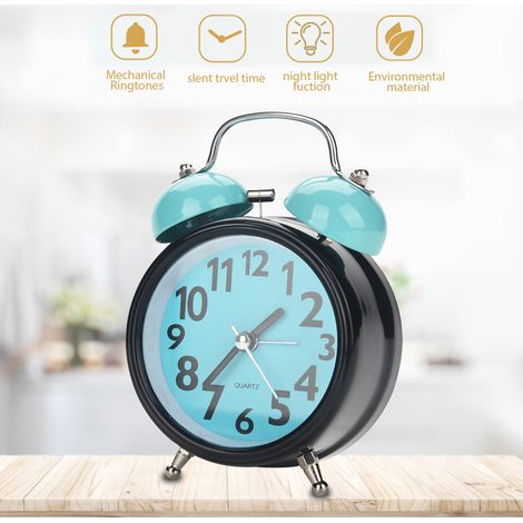 Réveil mécanique à double cloche ultra silencieux, mouvement à quartz, montre de nuit de bureau (bleu) (1/5)