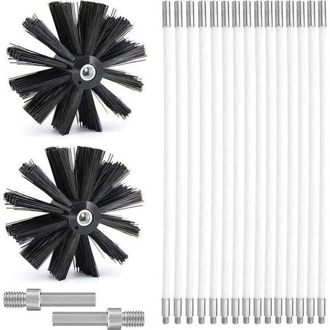 Kit de ramonage avec 15 tiges flexibles 410mm – Brosse nettoyage cheminée Ø150mm – Adaptateurs hexagonaux inclus – Pour tuyaux étroits