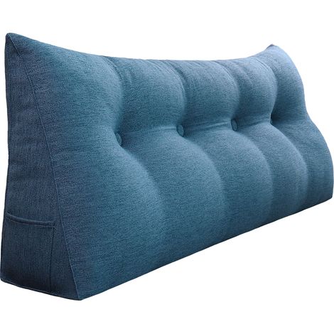 VERCART Großes Bettruhe Keilkissen, Lang Lesekissen, Dekoratives Kopfteilkissen, Dreieckiges Rückenkissen, Loungekissen für Tagesbett oder Couch, Leinenmischung Blau, 140cm