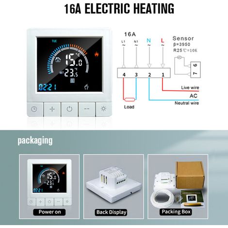 Jeffergarden Thermostat numérique programmable avec verrouillage enfant WiFi Écran LCD Capteur NTC Chauffage électrique Sol chaud Contrôleur de température par le sol Mur intelligent pour maison, bure