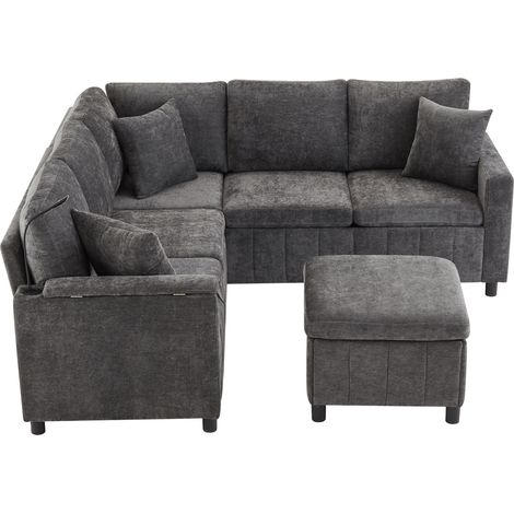 Divano angolare in ciniglia con letto, sgabello, lampada, USB e Type-C, grigio HOMVRA (1/5)