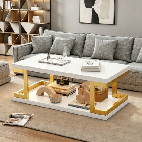 Table basse LED 100 x 50 x 37,5 cm - rangement ouvert - commande par application - MDF métal - blanc et doré (1/5)