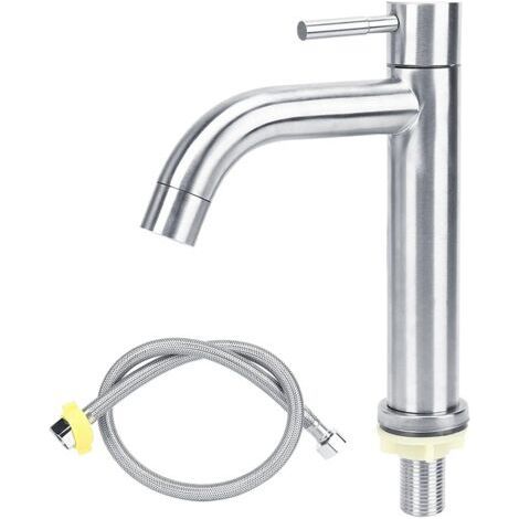 TAISHENGDA-Robinet de salle de bain à bec courbé et finition brossée, robinet d'eau froide en acier inoxydable, mitigeur à levier unique avec flexible, adapté aux éviers et lavabos. (1/5)