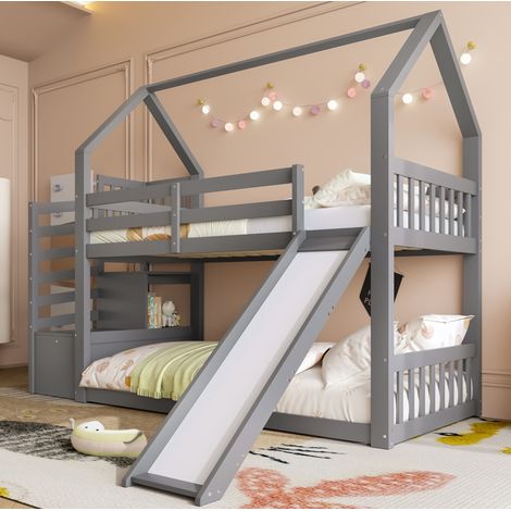 lit enfant cabane rangement toboggan 90x200 pin gris OKMYHOME (1/5)