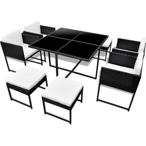 Set comedor de jardín 9 piezas y cojines ratán sintético negro vidaXL