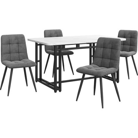 Mesa de comedor 140x80 cm con 4 sillas, MDF, terciopelo gris y patas de metal negro HOMVRA (1/5)