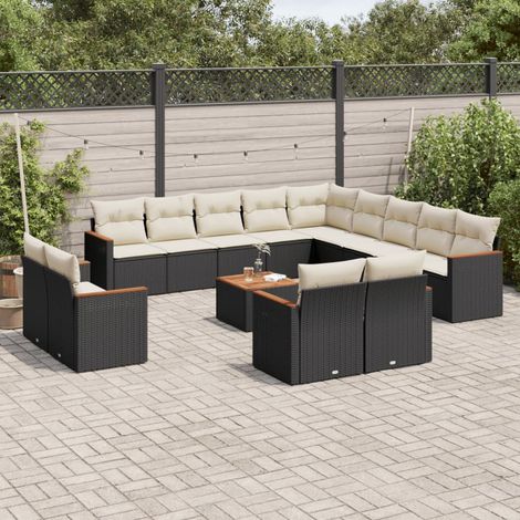 Ensemble de Jardin à Manger 3 Pièces en Résine Tressée Noire avec Coussins Blanc Crème et Table Verre 90x90 cm (1/5)
