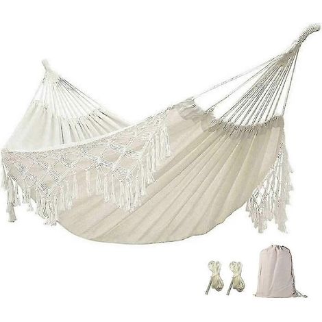 Hamac d'extérieur en coton - Hamac double avec pompons en dentelle tissée - Lavable en machine - Portable - Charge maximale : 300 kg - Idéal pour le camping et le jardin (1/5)
