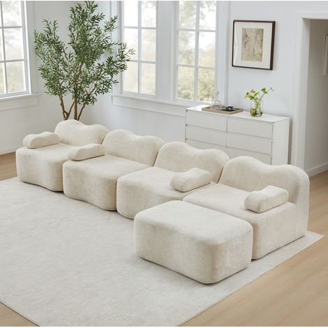 Divano modulare angolare 384x167x70 cm beige in velluto con penisola, struttura senza telaio e seduta profonda (1/5)