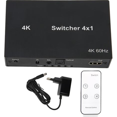 Sélecteur HDMI 4Kx2K 4x1 avec contrôle souris/clavier et télécommande IR, commutateur vidéo splitter, prise EU 100-240V. (1/5)