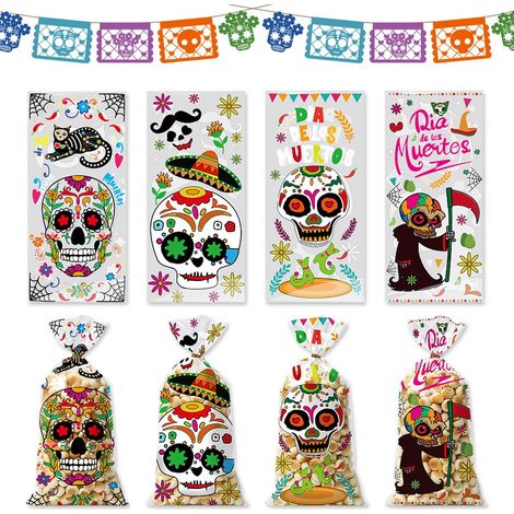 50 sachets cadeaux transparents en cellophane pour la Fête des Morts - Motifs de crânes en sucre et de fleurs, pour biscuits/bonbons, Halloween et fêtes du Jour des Morts.