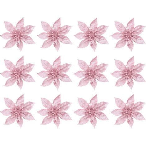 Lot de 12 fleurs de poinsettia artificielles à paillettes avec 12 clips - Décorations de sapin de Noël (16 cm) (or rose) (1/5)
