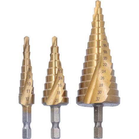 Lot de 3 forets étagés à queue hexagonale en acier rapide, robustes, durables et pratiques. (1/5)
