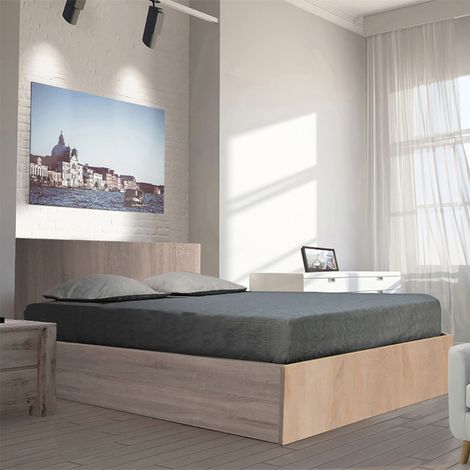 Lit coffre MADRID 140x200 – Décor chêne blanchi – Sommier 14 lattes – Hauteur tête de lit 85 cm – Rangement sous le sommier – Weber Industries (1/6)