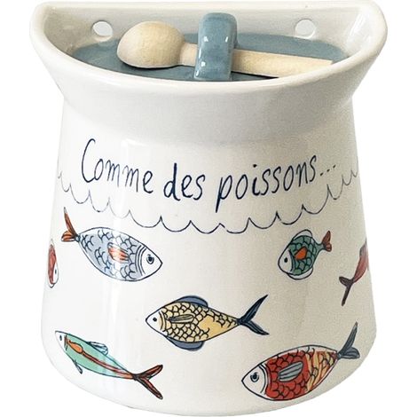 Pot mural à sel en céramique avec cuillère en bois – Dimensions 10x10x6 cm – Conserve le sel en toute élégance – Accessoire de cuisine décoratif (1/2)